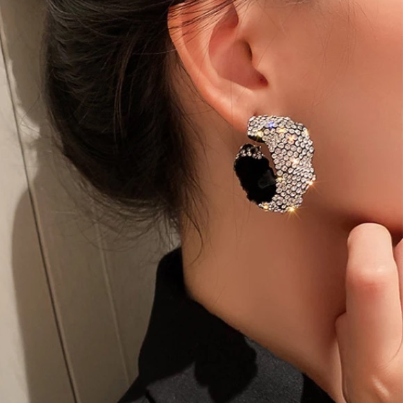 Black Full Rhinestone Hoop Earrings - Picture 3 of 5